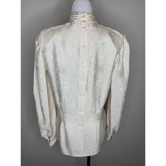 Vintage Cream High Neck Fitted Blouse Sz 4 Back Button - Picture 3 of 10